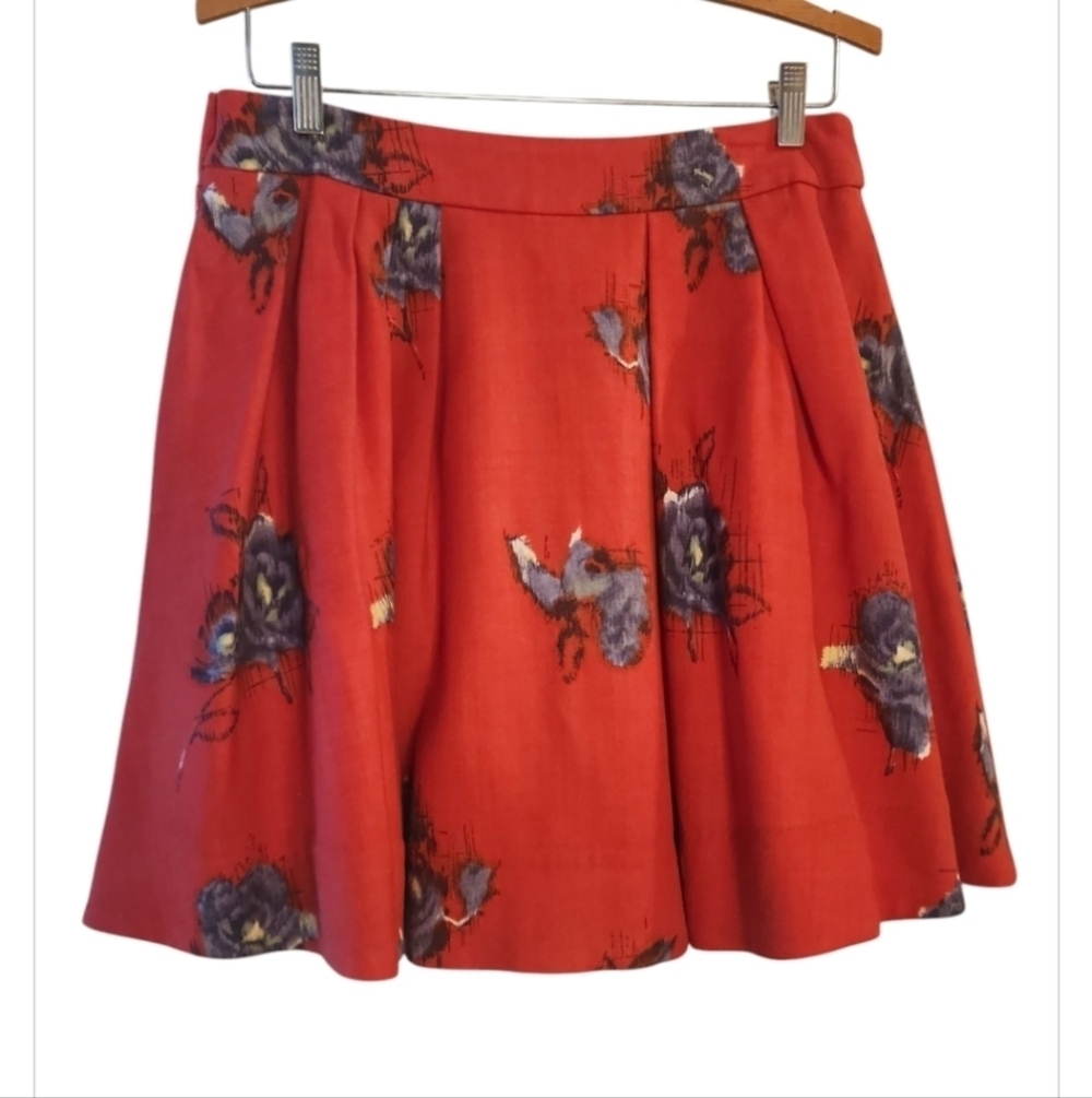 Anthropologie Odille Mini Skirt Red Wool Fully Lined Sz 4 Floral Coquette Prep - Picture 3 of 7